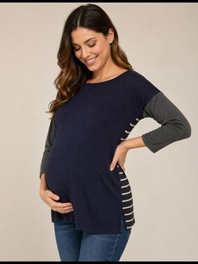 Old Navy Maternity Sweater Navy Front with Charcoal Sleeves and Stripe Back MED